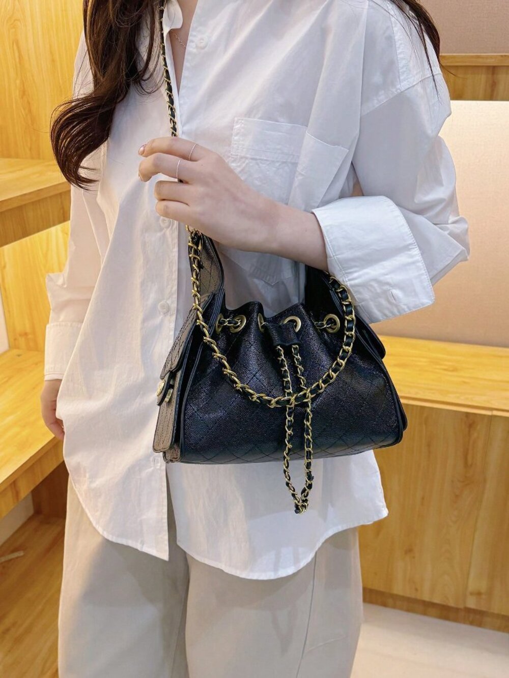 Black Casual Women's Rhombus Embroidery Small Square Dual Chain Crossbody Bag